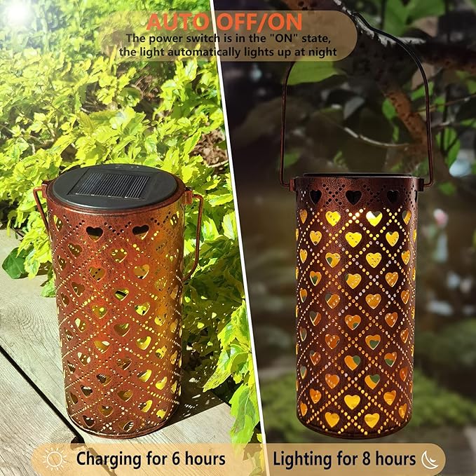 Solar Lanterns Outdoor Hanging Heart Pattern Decor Lantern,Waterproof Hollow Out Metal Decorative Garden Light,Graceful Decoration for Patio,Yard,Landscape,Walkway,Festival-VerdiqueGarden