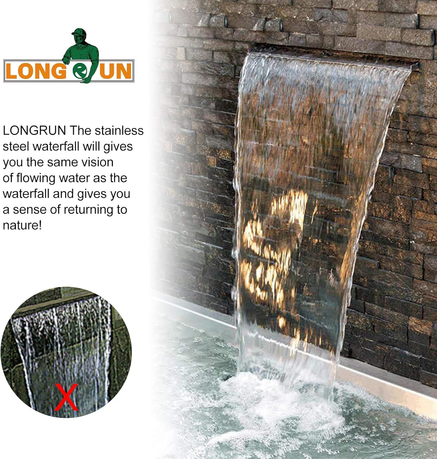 LONGRUN Waterfall Spillway Stainless Steel Pond Waterfalls with Color Changing LED Light, Outdoor Pool Fountain Water Spillway Waterfall Kit for Garden Patio Swimming Pool Koi Ponds Decoration-11.8"-VerdiqueGarden