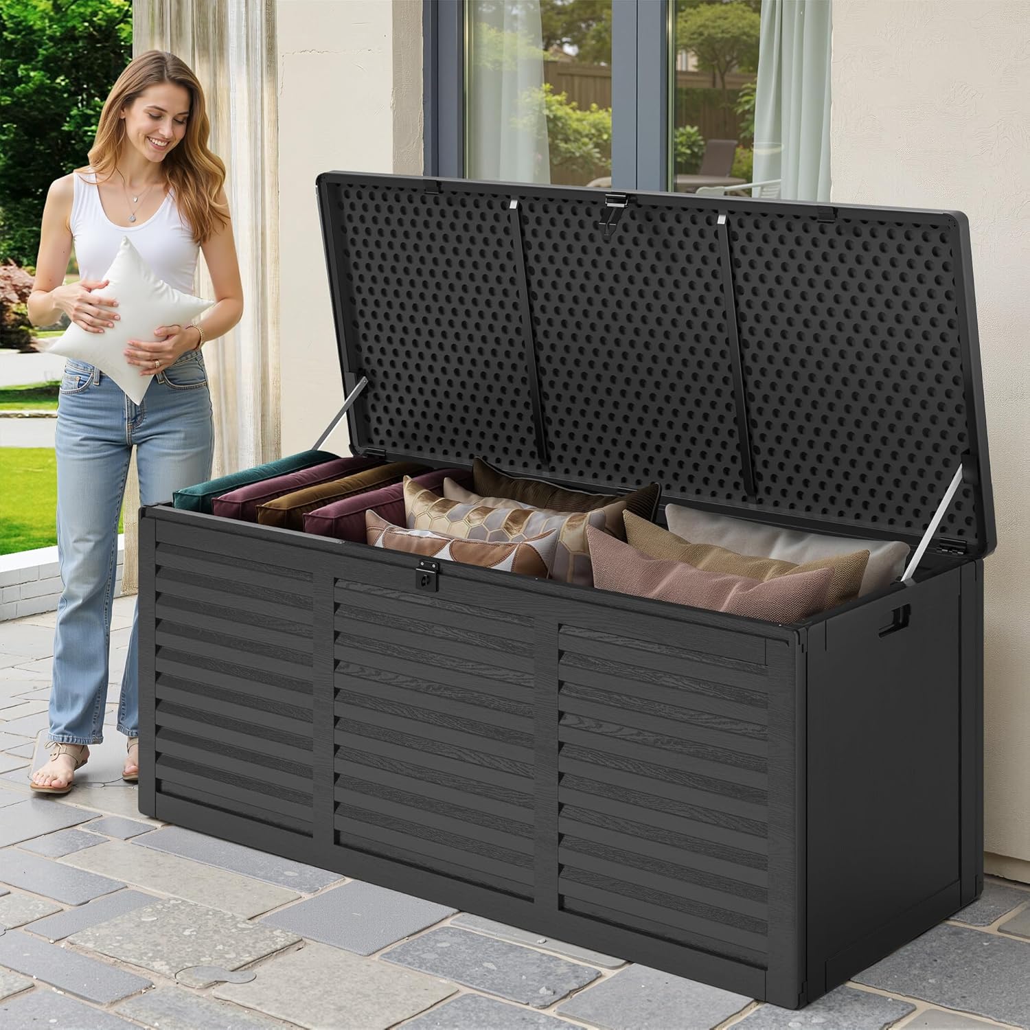 130 Gallon Outdoor Deck Box, Waterproof Resin Box with Lockable Lid, UV-Resistant for Cushions, Garden Tools & Pool Accessories (BLACK), Patio Furniture-VerdiqueGarden