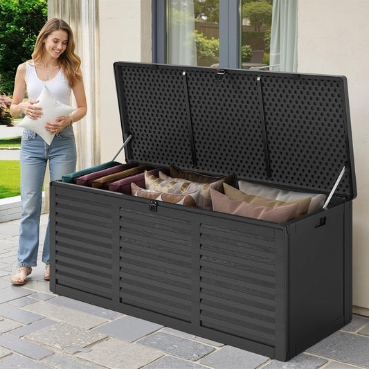 130 Gallon Outdoor Deck Box, Waterproof Resin Box with Lockable Lid, UV-Resistant for Cushions, Garden Tools & Pool Accessories (BLACK), Patio Furniture-VerdiqueGarden