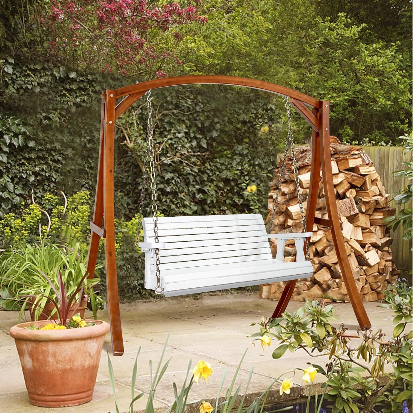 VINGLI Upgraded Patio Wooden Porch Swing for Courtyard & Garden, Heavy Duty 880 LBS Swing Chair Bench with Hanging Chains for Outdoors (White, 4 FT)-VerdiqueGarden