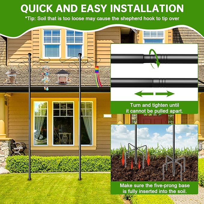 Shepherds Hooks for Outdoor, 2 Pack 108 Inch Heavy Duty Bird Feeder Pole with 5 Prongs Base, Adjustable Shepherds Hook for Hanging Birdhouses, Lanterns, Plant Baskets, Wind Chimes-VerdiqueGarden