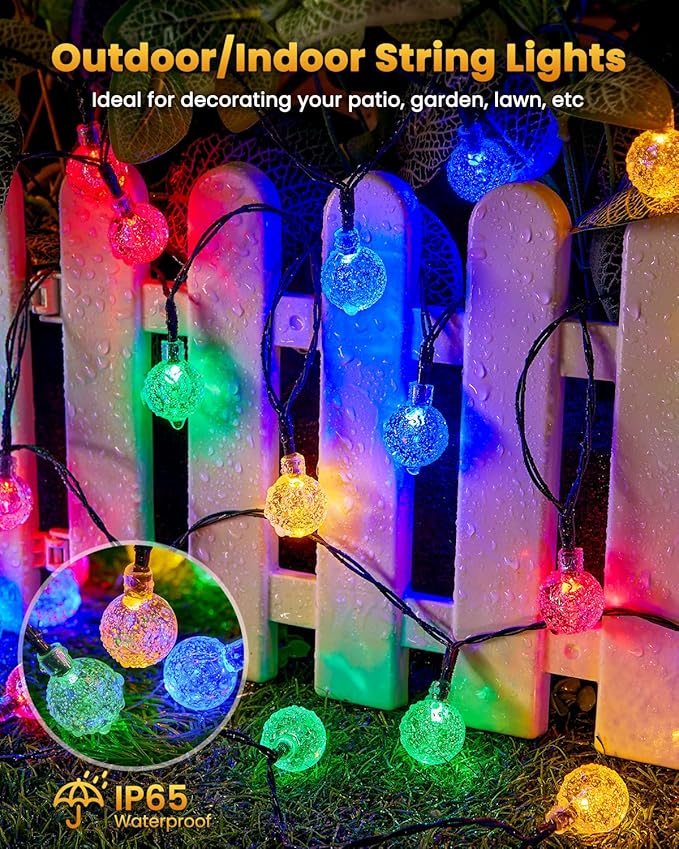 Brightown Solar String Lights Outdoor 60 Led 35.6 Feet Crystal Globe Lights with 8 Lighting Modes, Waterproof Solar Powered Patio Lights for Garden Yard Porch Wedding Party Decor (Multicolor)-VerdiqueGarden