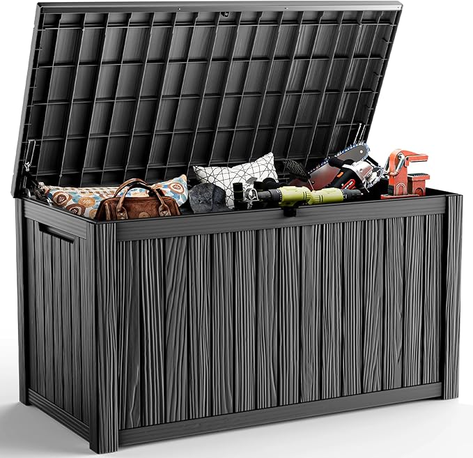 DRATO 180 Gallon Deck Box, Waterproof Resin Large Outdoor Storgae Box for Patio Furniture, Patio Cushions, Gardening Tools, Pool and Sports Supplies, Lockable-VerdiqueGarden