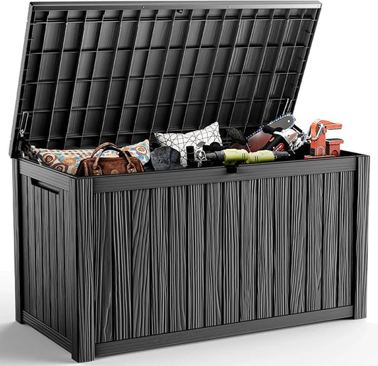 DRATO 180 Gallon Deck Box, Waterproof Resin Large Outdoor Storgae Box for Patio Furniture, Patio Cushions, Gardening Tools, Pool and Sports Supplies, Lockable-VerdiqueGarden