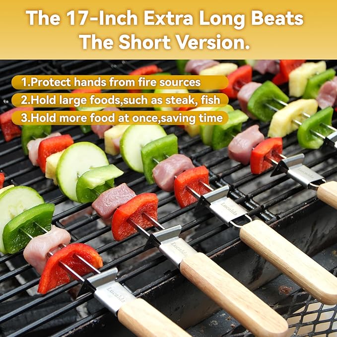 Skewers for Grilling, 17" (6 Pcs) Wooden Handle Double Pronged Stainless Steel Flat Kabob Skewers with Push Bar, Reusable Long Metal Skewer Sticks for Meat Chicken Vegetable, BBQ Accessories-VerdiqueGarden