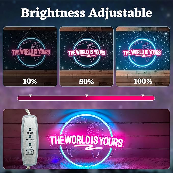 The World Is Yours Neon Sign, Carved Planet The World Is Yours LED Neon Light Lamp for Wall Decor, Light Up Signs for Office Wedding Man Cave Game Room Bedroom Birthday Gift-VerdiqueGarden