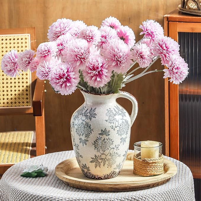 Enra Vintage vase with Handle,Blue and White Ceramic Decorative Flower vase, Chinoiserie Floral Vase,Large Rustic Vases for Home Decors, Living Room, Bookshelf, Office，9.7 inch-VerdiqueGarden