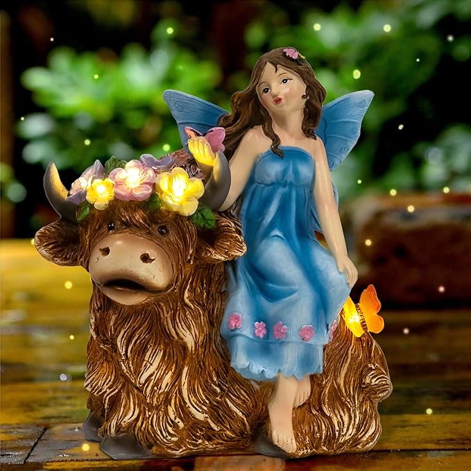 Solar Angel Garden Statue - Garden Fairy Sitting on a Highland Cow with Flowers, Butterflies and 5 LED Lights - Decorate Table, Terrace, Lawn, Birthdays, Grandma, mom-VerdiqueGarden