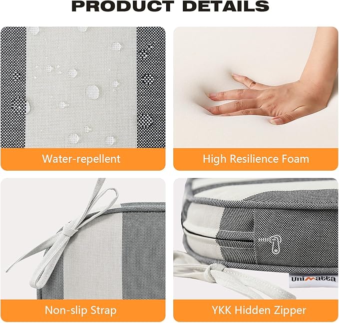 Round Corner Seat Cushions, 17" x 16" x 2", Set of 4, Indoor Outdoor Water Repellent Universal Chair Pads with Ties for Patio Furniture, Garden Deck Dining Chairs, Gray Stripe-VerdiqueGarden