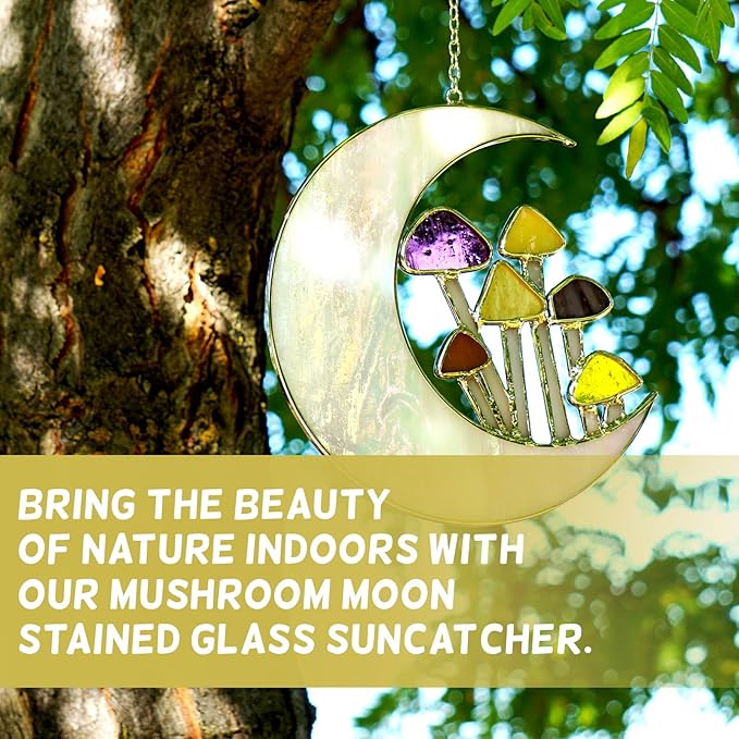 Sensory4U Mushroom Moon Stained Glass Suncatcher - Earth Tone Modern Window Hanging Wall Art - Home Decor or Garden Suncatcher for Natural Light Reflection-VerdiqueGarden