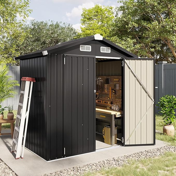 Aoxun 6.2x4 FT Shed Outdoor Galvanized Storage Shed with Large Lockable Doors for Lawn, Backyard, Patio (Black)-VerdiqueGarden