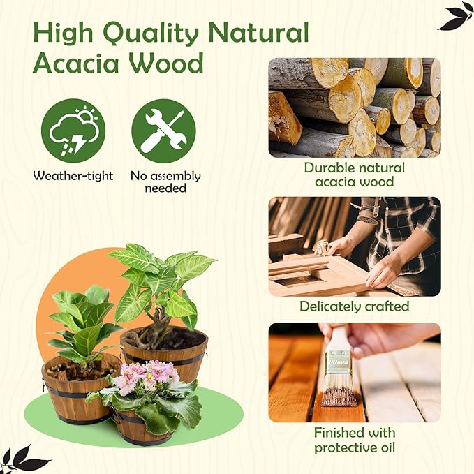 IDZO Set of 3 Wooden Flower Boxes Outdoor, Durable Acacia Wood Barrel Planters for Outdoor Plants with Ergonomic Handles, Drainage Holes, Multiple Sizes Wood Bucket Planter Light Brown-VerdiqueGarden