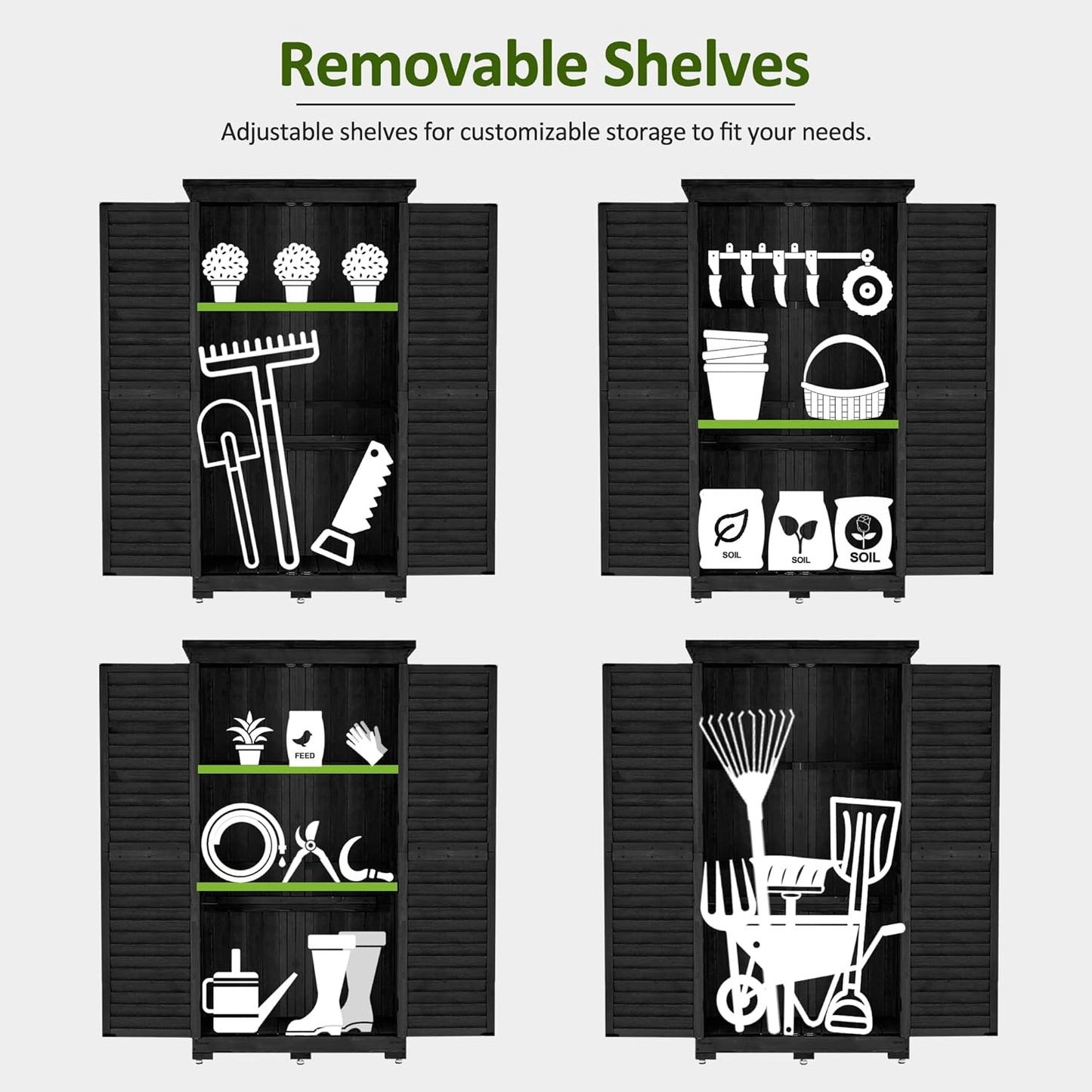 MCombo Outdoor Storage Cabinet, Garden Storage Shed, Outside Vertical Shed with Lockers, Outdoor 63 Inches Wood Tall Cabinet for Yard and Patio 0870 (Black)-VerdiqueGarden