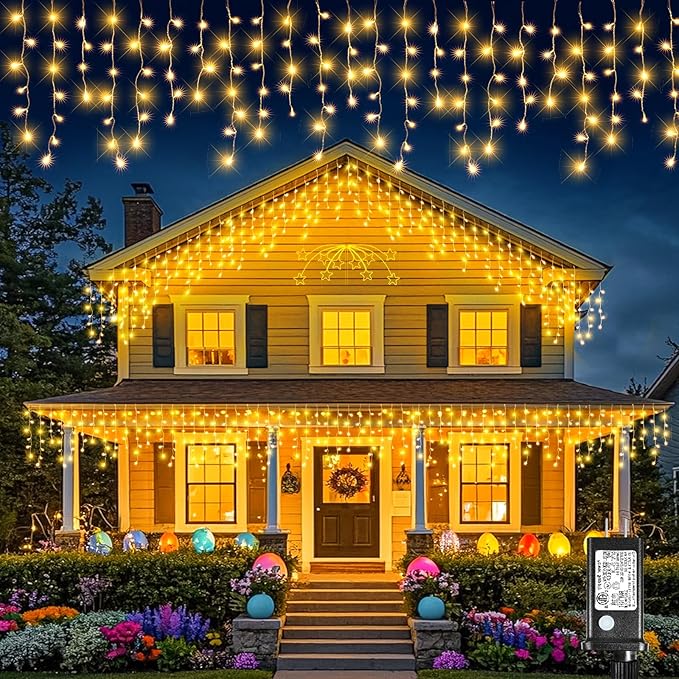 Icicle Lights for Outside, 33FT 400 LED Christmas Lights Outdoor Indoor with 8 Modes Waterproof, Connectable Plug in String Hanging Light for House Roof Yard Wedding Holiday Decor, Warm White-VerdiqueGarden