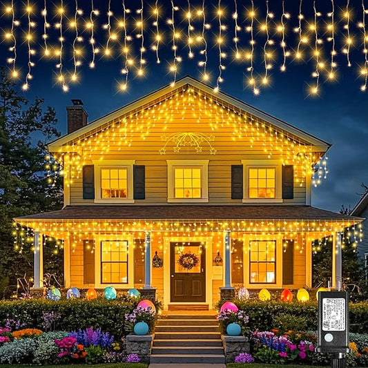 Icicle Lights for Outside, 33FT 400 LED Christmas Lights Outdoor Indoor with 8 Modes Waterproof, Connectable Plug in String Hanging Light for House Roof Yard Wedding Holiday Decor, Warm White-VerdiqueGarden