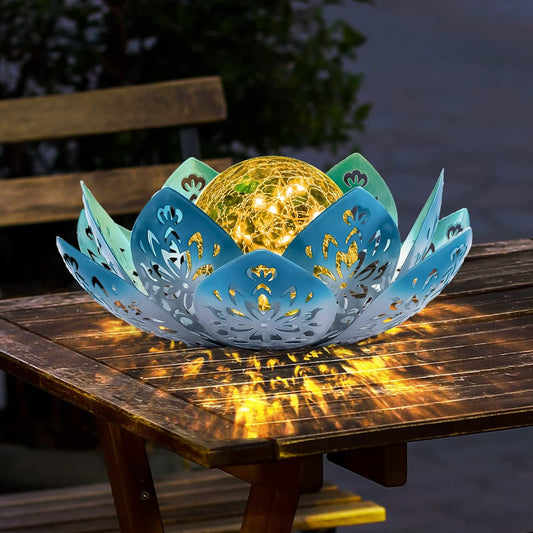Huaxu Solar Lights Outdoor Decorative - Bright Blue Lotus Flower Table Lamp, Glass Globe 30 LED Waterproof Metal Decorations Gifts for Mom Women Garden Patio Pathway Yard Balcony Outside Decor-VerdiqueGarden
