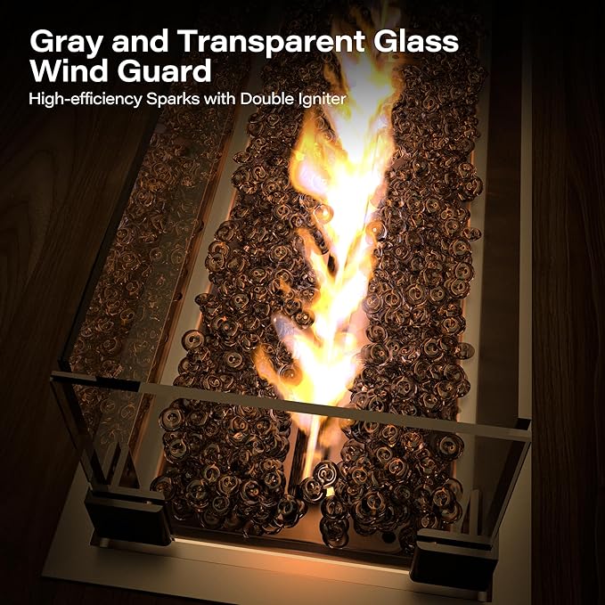 LAUSAINT HOME Propane Fire Pit Table 43 Inch with Lid, 55,000 BTU Gas Fire Pits for Outside Patio with Glass Wind Guard, Gray Glass Beads-VerdiqueGarden