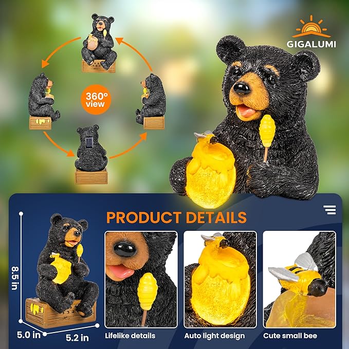 GIGALUMI Solar Garden Statues Outdoor Gifts for Women, Mom, Grandma, Cute Bear Figurine Christmas Housewarming Birthday Gifts, Garden Statues Decoration for Outside Yard, Patio, Balcony, Lawn, Pond-VerdiqueGarden