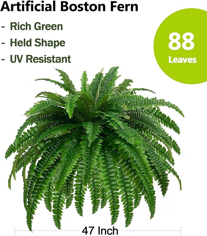 GYERB Large Fake Boston Ferns, 88 Branches Artificial Ferns, Faux Fern Plants for Home, Office, Garden Indoor Outdoor Decoration(48 inch,1pack)-VerdiqueGarden