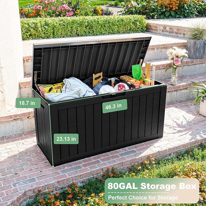 DRATO 80 Gallon Large Deck Box, Outdoor Storage Box for Patio Furniture, Patio Cushions, Gardening Tools, Pool Supplies 480lbs Weight Capacity,Waterproof Resin Storage Boxes-VerdiqueGarden