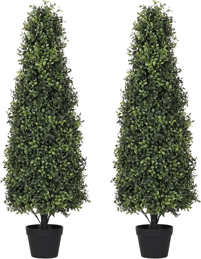 4ft Artificial Boxwood Topiary Trees (Set of 2) - UV Resistant Faux Plants Outdoor, Realistic 48in Fake Potted Bushes and Shrubs for Front Porch, Planter, Patio - Low Maintenance & Evergreen-VerdiqueGarden