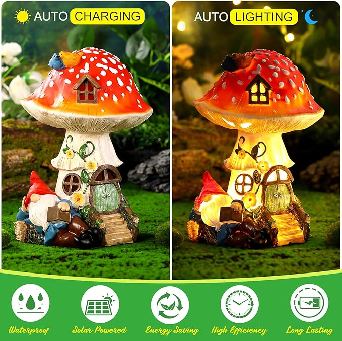 HyDren 100 Sets Garden Gnome Statue Set Mushroom House Solar Light Gnome Miniatures Figures Decor Fairy Resin Statues Garden Accessories for Yard Patio Lawn Outdoor Micro Landscape Ornaments-VerdiqueGarden