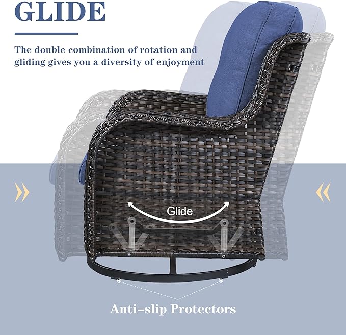 Outdoor Sectional Furniture Sofa Set with Propane Fire Pit Table, Wicker Patio Conversation Set with 2 Swivel Rocker Glider Chairs Blue Cushion Perfect for Backyard Casual Gathering-VerdiqueGarden