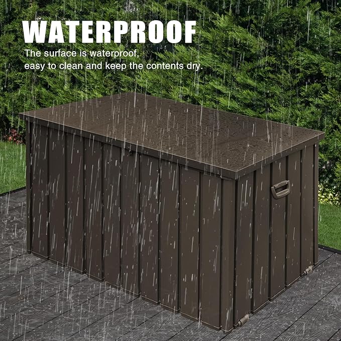 Domi Outdoor Deck Box 100 Gallon, Waterproof Lockable Steel Outdoor Storage Container for Outside Cushions, Garden Tools and Pools Equipment (Dark Brown)-VerdiqueGarden