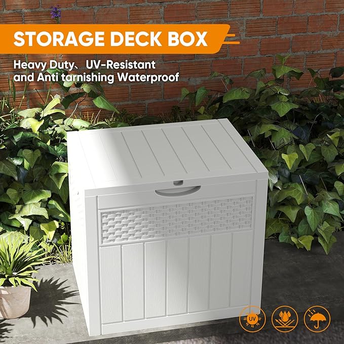 33 Gallon Resin Deck Box, Weatherproof Outdoor Storage Box for Patio, Garden and Yard, Lockable Waterproof Bin for Tools, Cushions, and Accessories, White-VerdiqueGarden