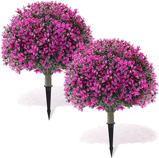 Yunlly 2 Pack 18" Artificial Boxwood Ball Bush Topiary Trees Fake Outdoor Plants, Realistic UV Resistance Faux Shrubs with Spike Greenery Topiary for Front Porch Garden Yard Patio Indoor (Fuchsia)-VerdiqueGarden