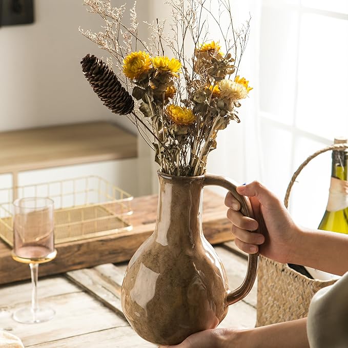 Brown Ceramic Vase with Big Handles, Modern Farmhouse Decor, Rustic Pottery for Flowers, Decorative Terracotta Centerpiece for Dining Table-VerdiqueGarden
