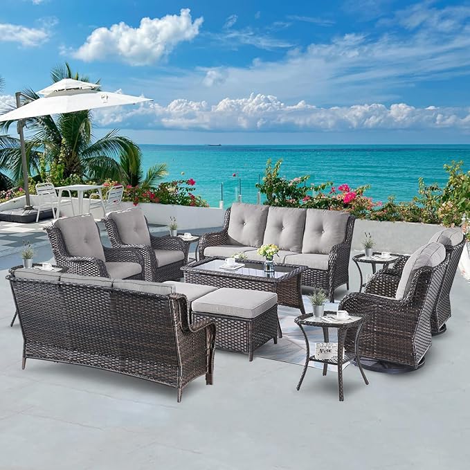 Wicker Patio Furniture Sets - 13 Piece Outdoor Rattan Furniture Conversation Sets with 4 Swivel Rocker Chairs, 2 Rattan Sofas, Wicker Ottomans and Coffee Table, Brown/Grey-VerdiqueGarden