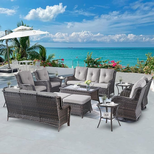 Wicker Patio Furniture Sets - 13 Piece Outdoor Rattan Furniture Conversation Sets with 4 Swivel Rocker Chairs, 2 Rattan Sofas, Wicker Ottomans and Coffee Table, Brown/Grey-VerdiqueGarden