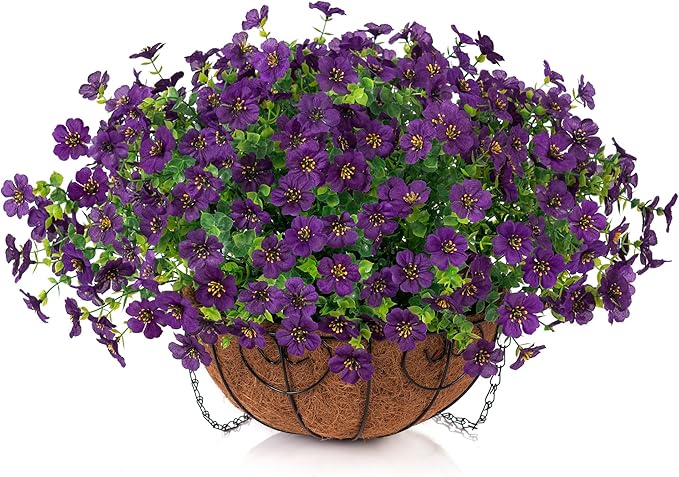 Artificial Fake Hanging Plants Flowers with Basket Outdoor Decor Faux Silk Dasiy Flower Arrangements in Pot Planter for Porch Home Indoor Patio Garden Yard Decoration-VerdiqueGarden