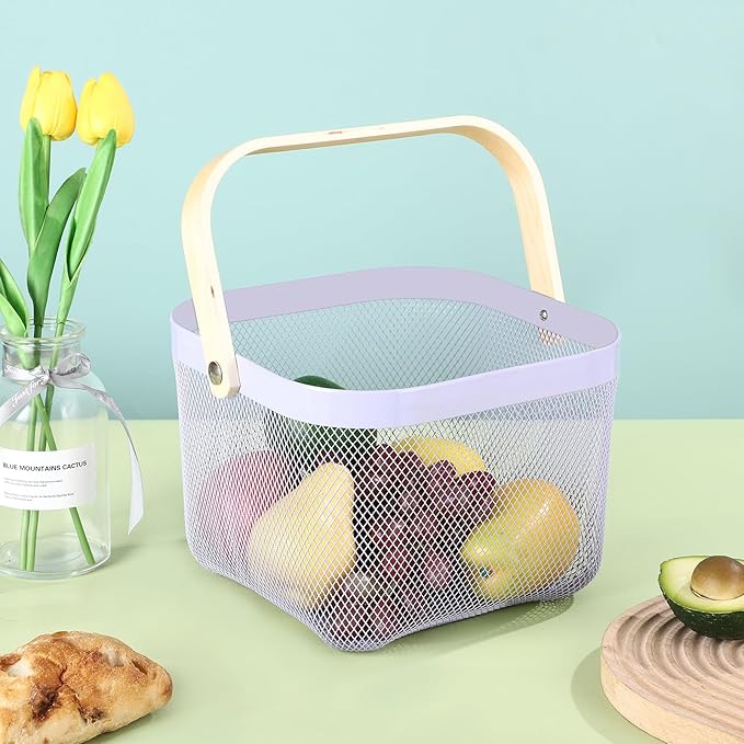 Metal Mesh Steel Basket, Storage Organizer Basket Multi-functional Hanging Kitchen Baskets Fruit Basket Bin with Bamboo Handle for Kitchen Bathroom Picnic Shopping Decor Cabinet Home, Purple-VerdiqueGarden