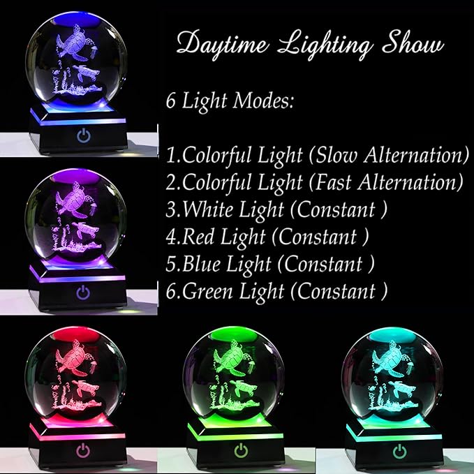 Qianwei Sea Turtle Gifts for Women 3D Crystal Ball 3.14'' - Laser Sea Turtle Decor Glass Animals Turtle Figurines Statue Stuff for Room Decorations Turtles Night Light-VerdiqueGarden