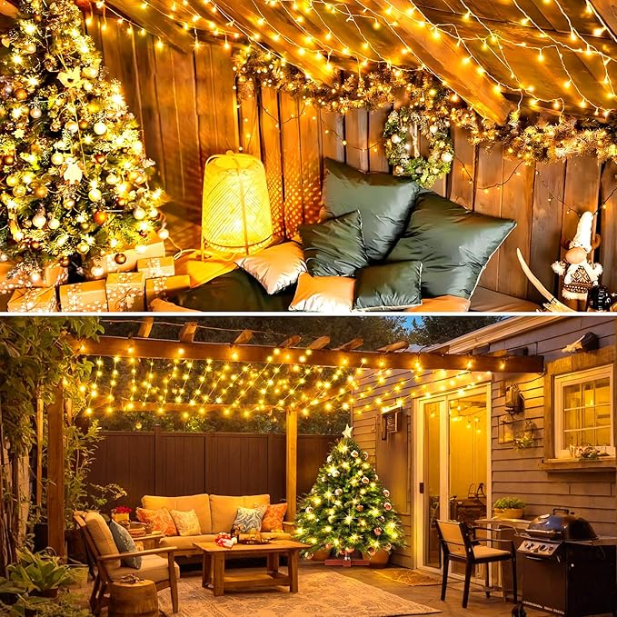 KNONEW Christmas String Lights Indoor Plug in,60FT 180LED Outdoor Waterproof Fairy Lights,8 Lighting Modes,Timer Memory Function for Bedroom Patio Balcony Party (Warm White)-VerdiqueGarden
