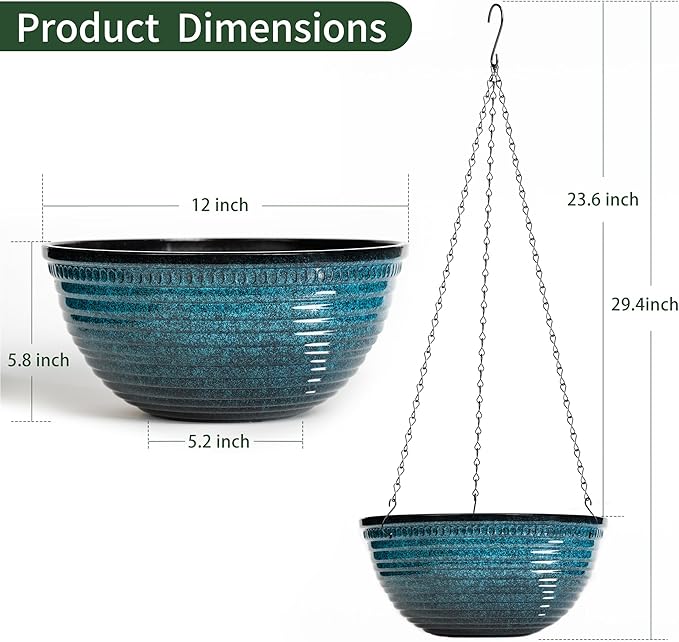 12 inch Hanging Planters for Indoor Outdoor Plants, 2 Pack Large Hanging Flower Pots with Drainage Holes and Chain, Glazed Hanging Baskets for Home Garden Decoration, Blue-VerdiqueGarden