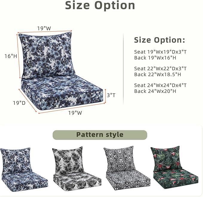 Favoyard Outdoor Seat Cushion 19 x 19 x 3 in Waterproof Pattern Fade Resistant Cover Removable Patio Furniture Cushions Deep Seat & Back Cushion Set with Adjustable Straps for Patio Chair Sofa Couch-VerdiqueGarden