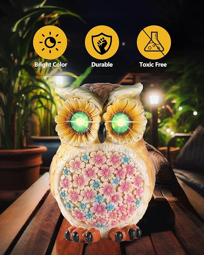 Hand-Painted Resin Owl Figurine with Glow-in-The-Dark Eyes, Solar-Powered Garden Decor 5.5'' Lawn Ornaments Statue Gardening Gifts for Outside Yard Art Patio (Owl)-VerdiqueGarden