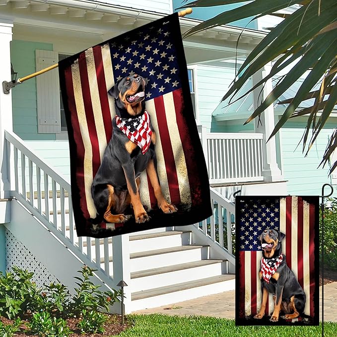 Flags-Rottweiler American Flag, House Flag (29.5" x 39.5")-USA House Garden Flags Premium Polyester-Decorative Outdoor Flags-VerdiqueGarden