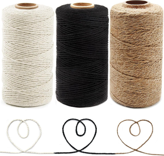 Anvin Cotton Twine - Natural Jute Packing & Wrapping Twines (Black, White) - 984 Feet, 10 Ply, 2mm Thick - Ideal for Bakers, Butchers, Arts & Crafts, Gardening - Pack of 3-VerdiqueGarden
