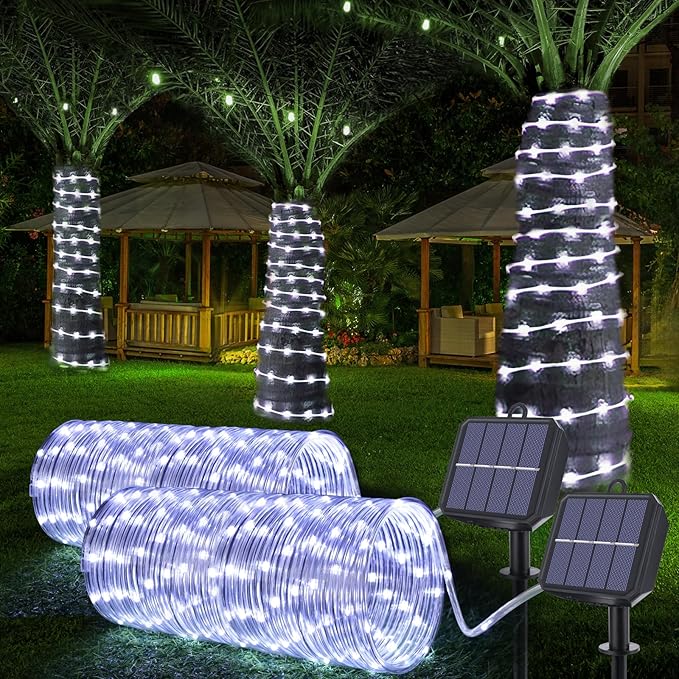 Solar Rope Lights, 2 Packs 66ft 200LED Solar String Lights, 8 Modes Waterproof Solar Powered Outdoor Lights, Flexible Clear Tube Light for Garden, Backyard, Patio, Deck, Porch, Pool,Tree Decor -White-VerdiqueGarden