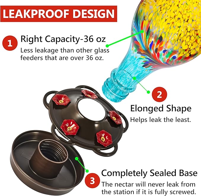 LUJII Hand Blown Glass Hummingbird Feeder for Outdoors with Ant Moat, Leak Proof & Rustproof,36 fl.oz, Metal Base Cover with 5 Feeding Ports & 5 Perches, Glass Art for Garden Decor (Blue Mixed Yellow)-VerdiqueGarden
