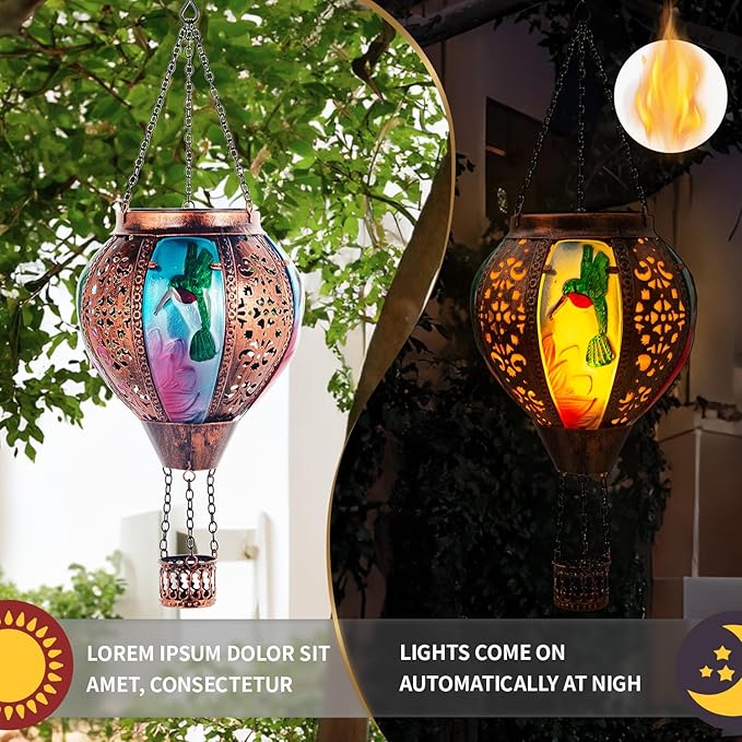 Hot Air Balloon Solar Lantern Hummingbird Lights, Flickering Flame Solar Hanging Lights for Outside,Waterproof for Garden Yard Patio Porch Decoration（Hummingbird）-VerdiqueGarden