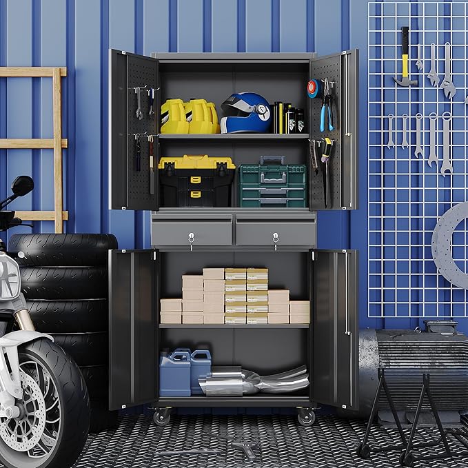 Metal Garage Storage Cabinet with Locking Doors and 2 Adjustable Shelves, Rolling Tool Storage Cabinet with 4 Wheels and 2 Drawer for Garage, Warehouse, Black, Assembly Required-VerdiqueGarden