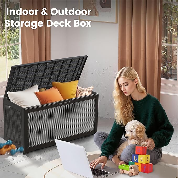 100 Gallon Storage Box, Waterproof Resin Deck Box with Hydraulic Piston Design, Lockable Storage Bench for Package Delivery, Storage Bin for Patio Cushions, Garden Tools, Black-VerdiqueGarden