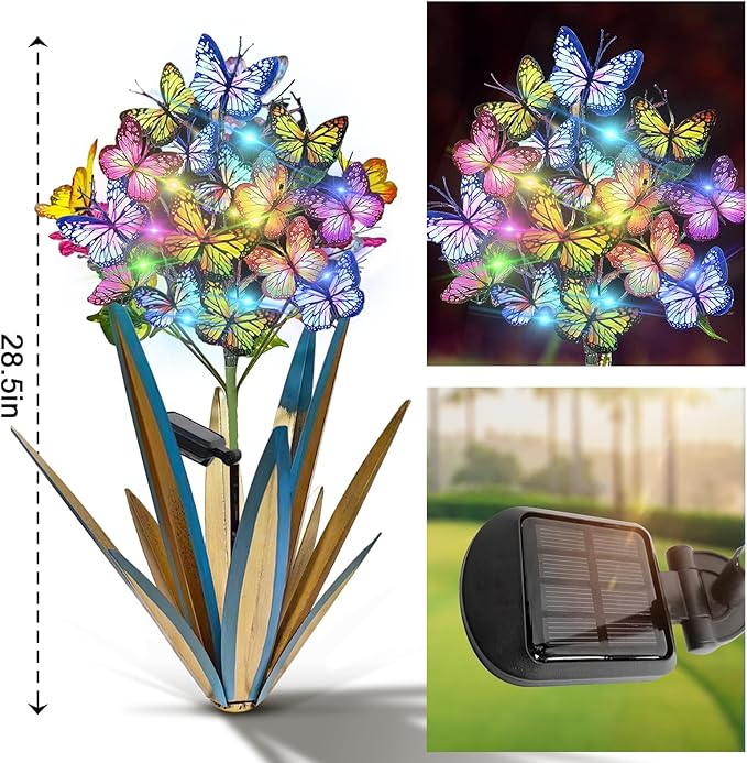 Homight Solar Metal Agave Butterfly Flower Stick Garden Sculpture Outdoor Gift Solar Garden Christmas Lights Swaying Butterfly Sunflower Garden Lights Solar Outdoor (3 PCS Blue)-VerdiqueGarden