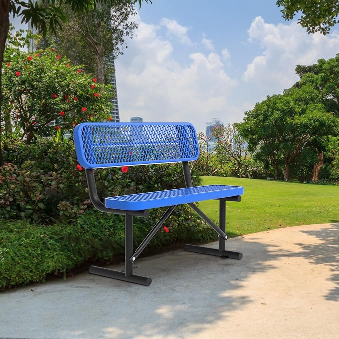 4/6/8 Feet Park Bench for Outside Heavy Duty Metal, Garden Benches Outdoor Bench with Backrest & Portable Frame, for Shopping Malls Stores Parks Patios Decks, Blue-VerdiqueGarden